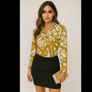 NWOT Long Sleeve Button-Up Glam Gold Chain Top (Size S)